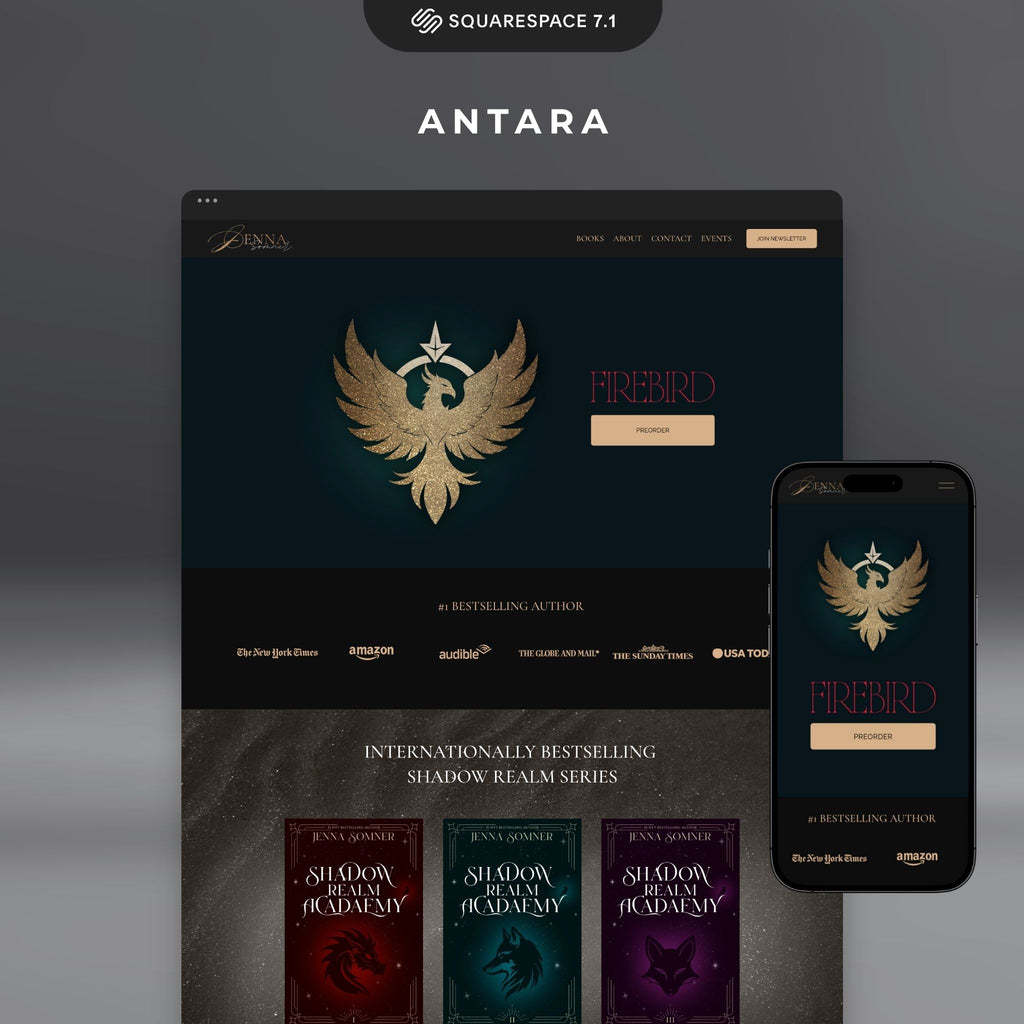 Website design for Antara Squarespace website template with a gold eagle logo on a dark background, displayed on a computer screen and phone.