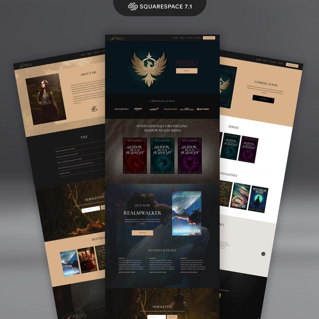 Collage of Antara Squarespace website template pages on a dark background
