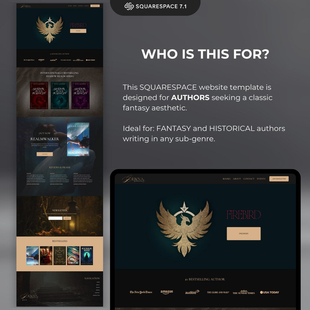 Antara Squarespace website template for authors with fantasy theme on a tablet and computer screen.