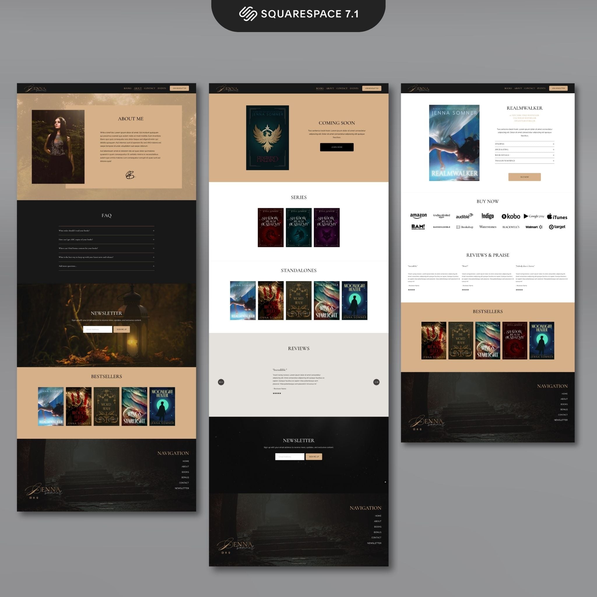 Antara Squarespace author website template pages displayed on a gray background.