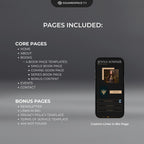 Antara Squarespace author website template core and bonus pages listed on a dark background.