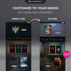 Antara Squarespace author website template before and after design customization comparison on a dark background.