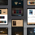 Multiple tablet screens displaying various Antara websites template pages.