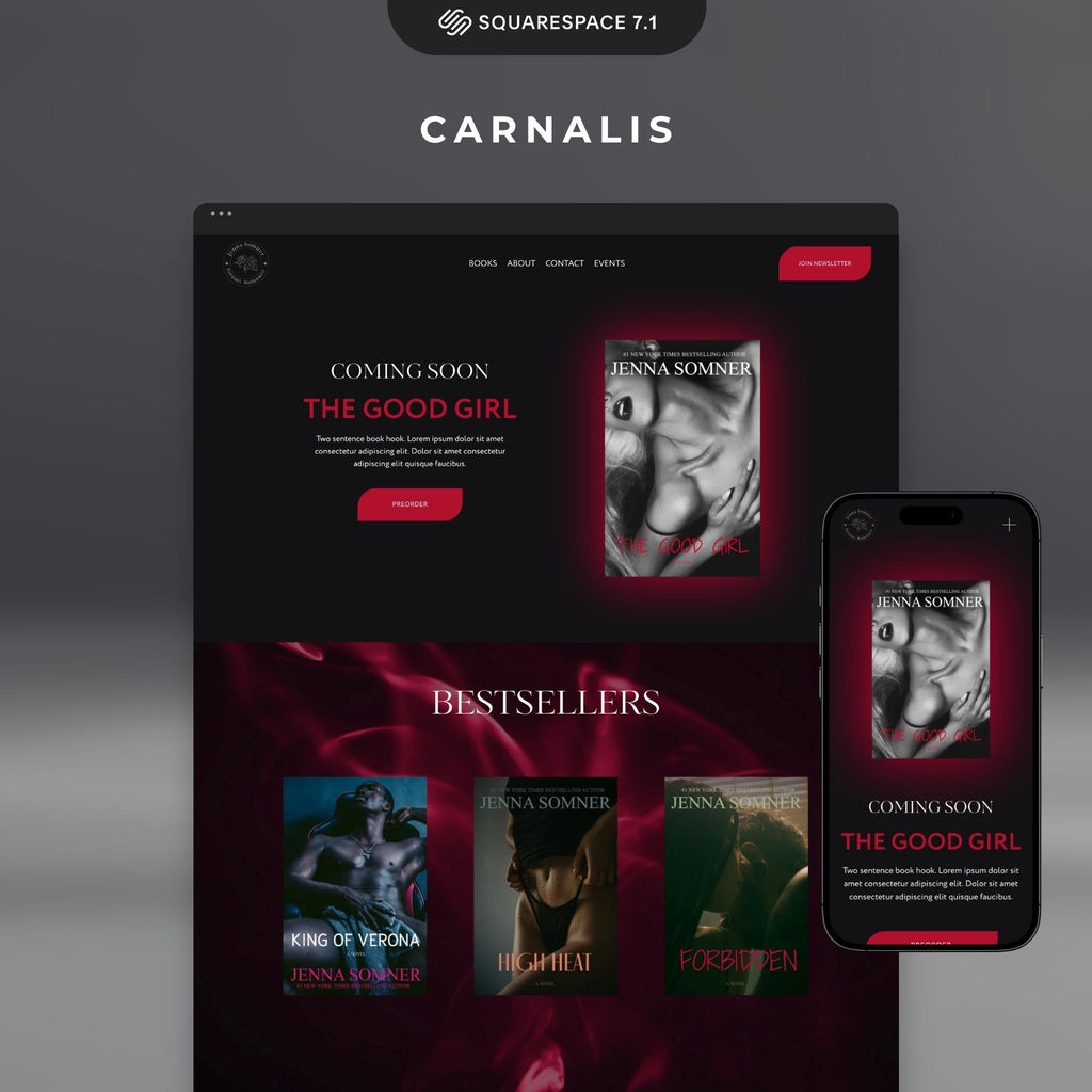 Carnalis author website template design on a computer screen with a smartphone displaying the same design.