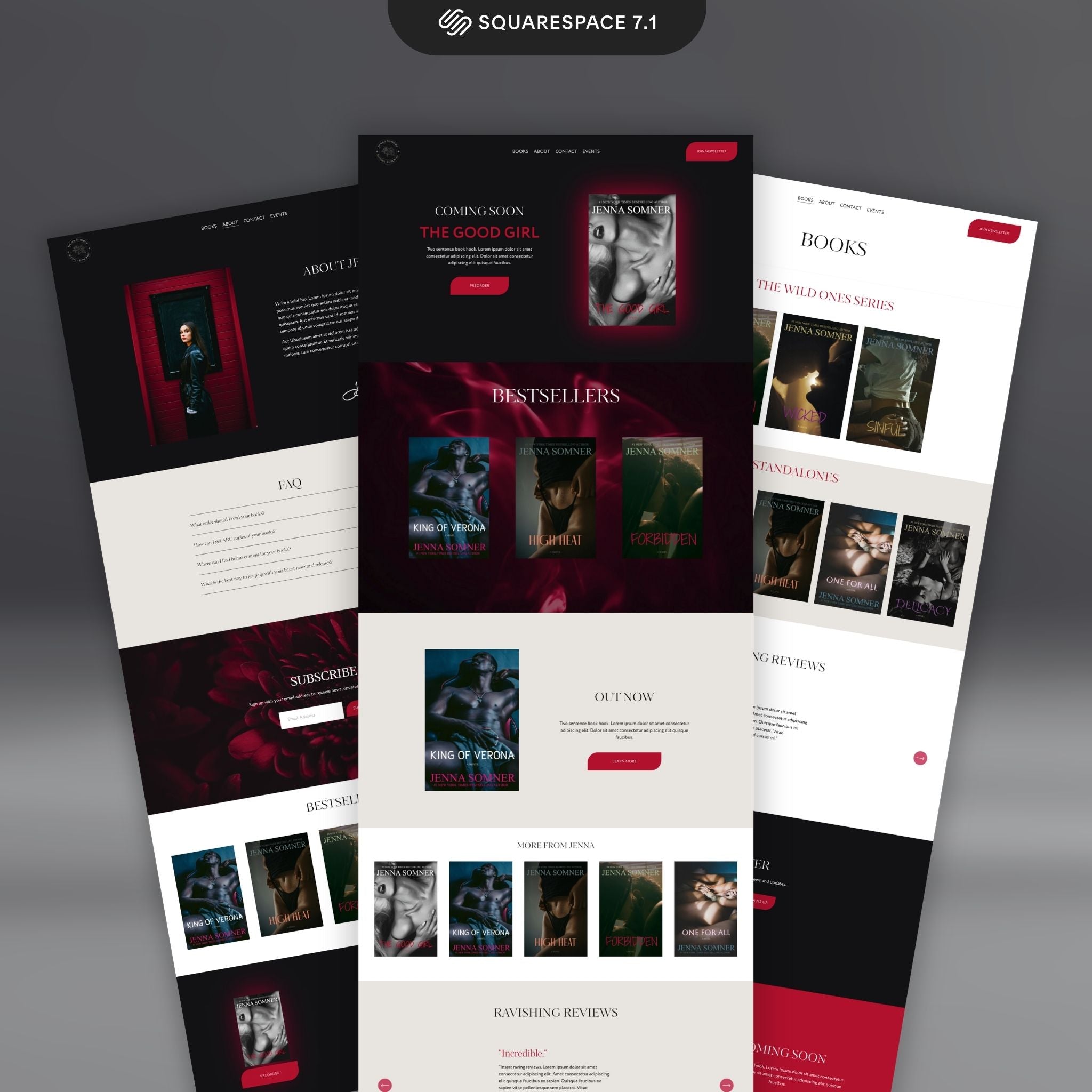 Collage of Carnalis Squarespace website template pages on a dark background.