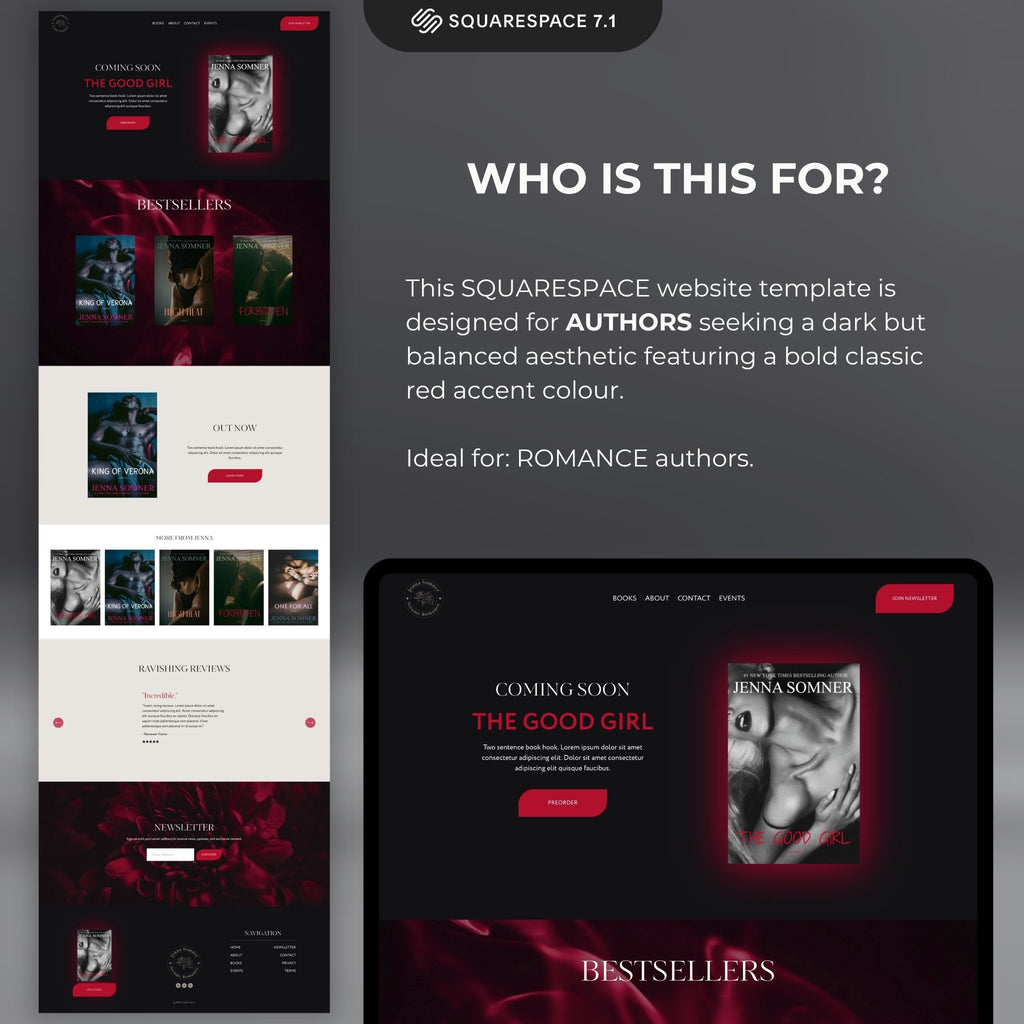 Carnalis Squarespace website template for Romance authors with a dark aesthetic and classic red accents.