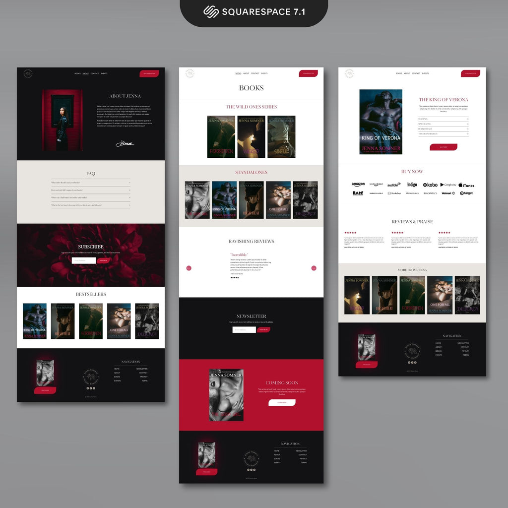 Carnalis Squarespace author website template pages displayed against grey background.