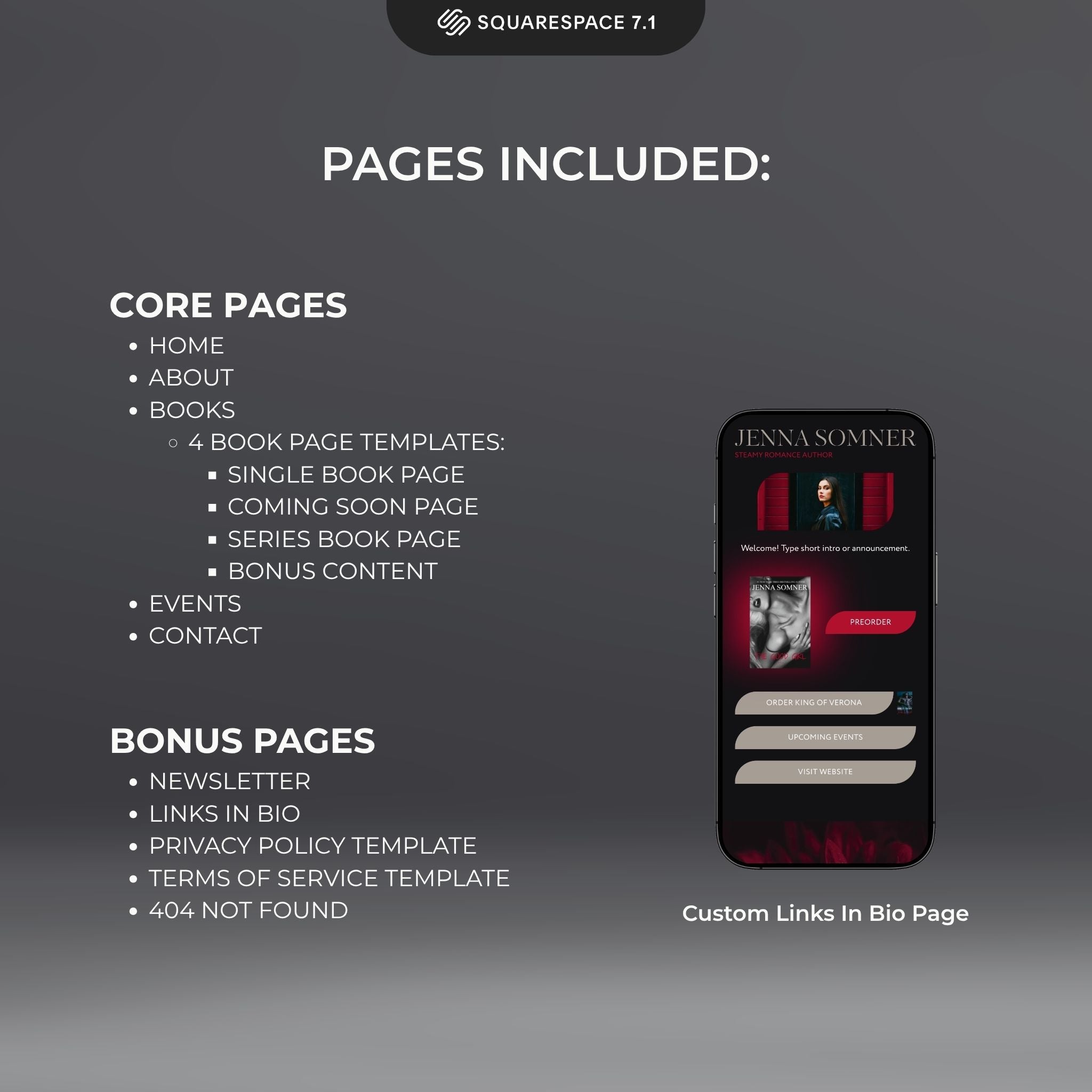 Carnalis Squarespace template core and bonus pages listed on a dark background.