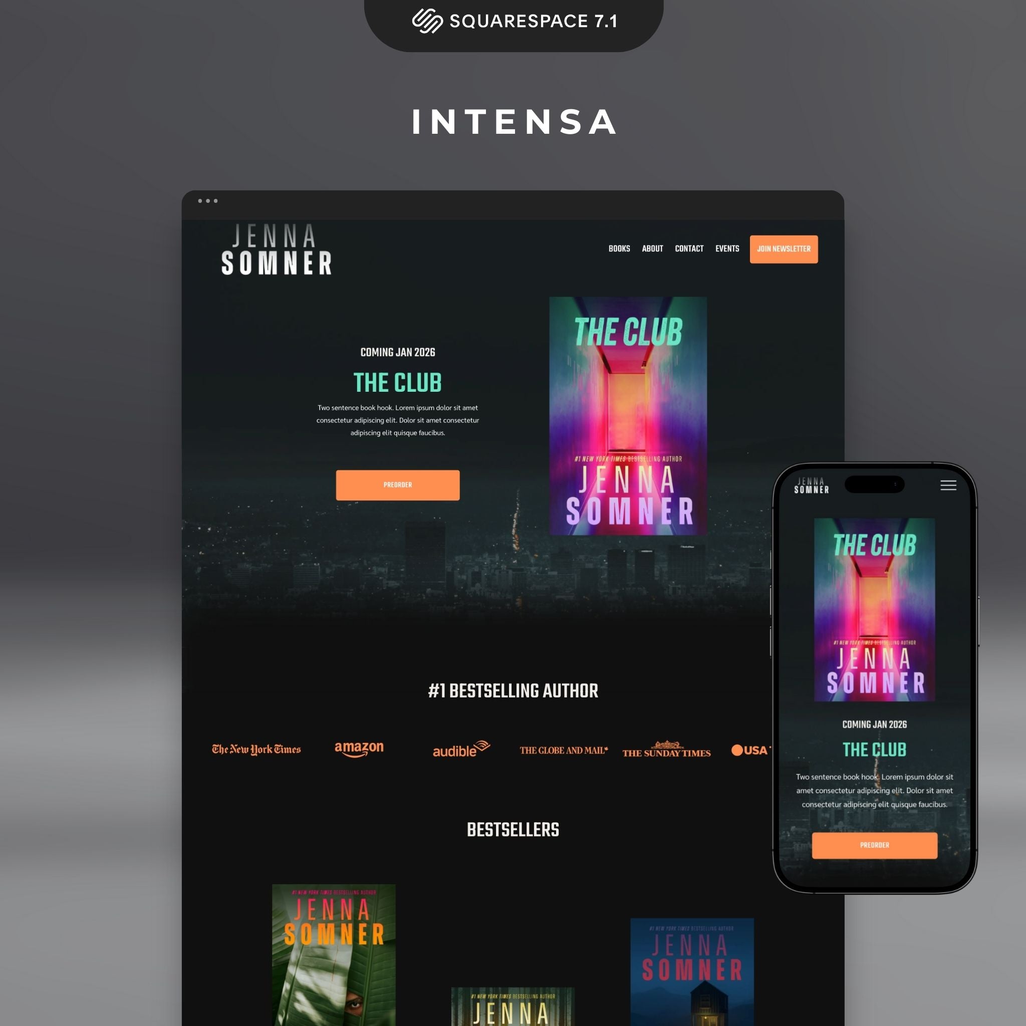 Intensa Thriller Suspense Squarespace author website template.