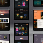 Collage of Intensa website template layout with a dark theme and colorful book covers.