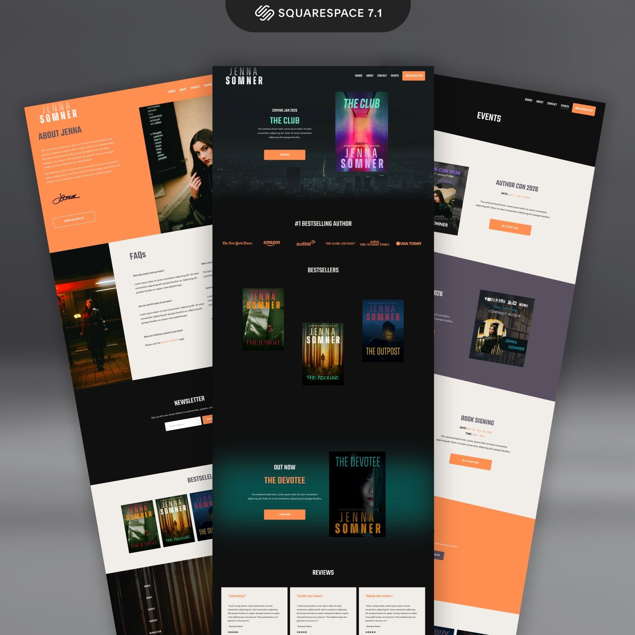 Three Intensa Squarespace website templates on a dark gray background
