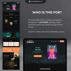Squarespace website template for authors with a dark aesthetic and bold orange accent, ideal for thriller and suspense genres.