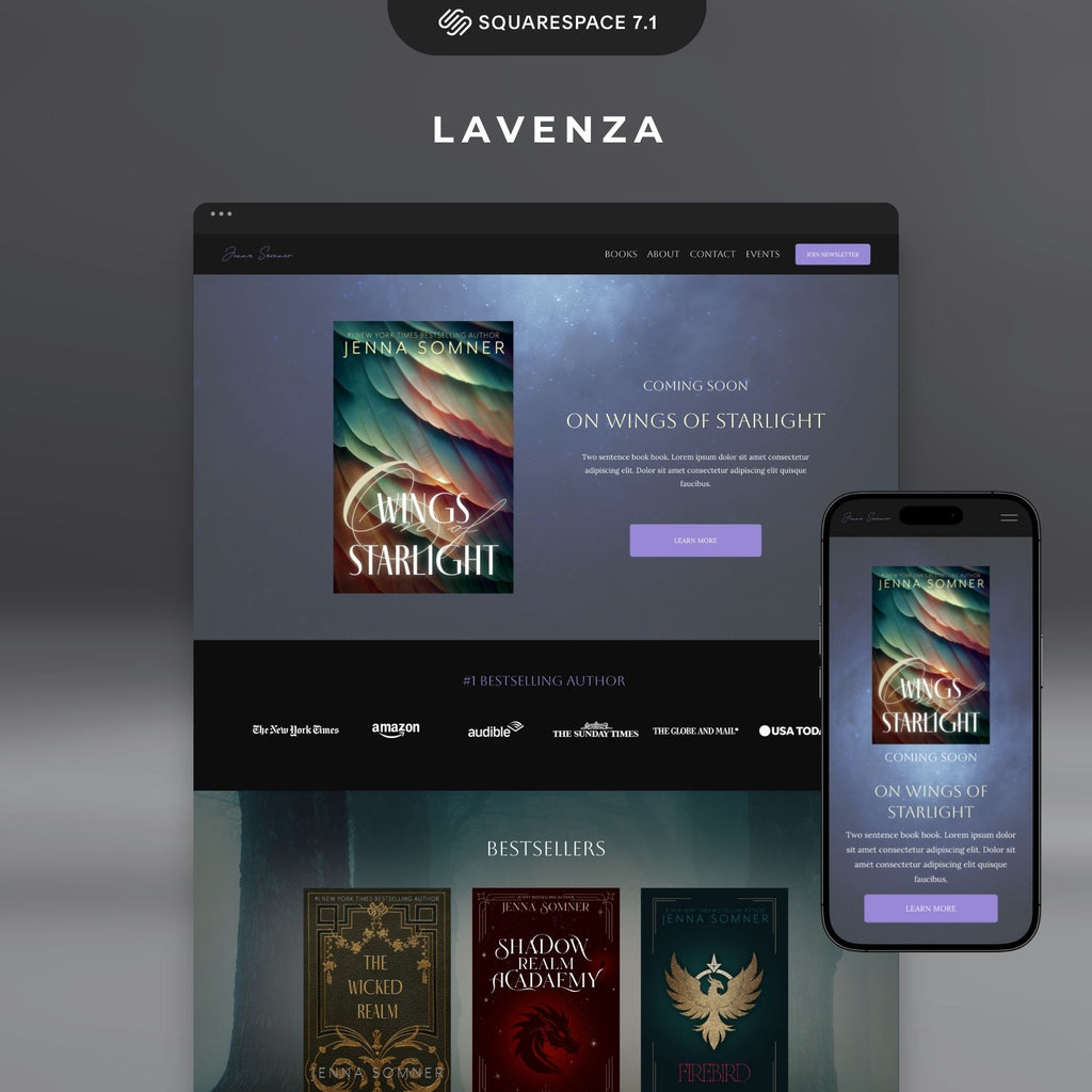 Lavenza author website template design on a computer screen with a smartphone displaying the same design.
