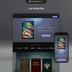 Lavenza author website template design on a computer screen with a smartphone displaying the same design.