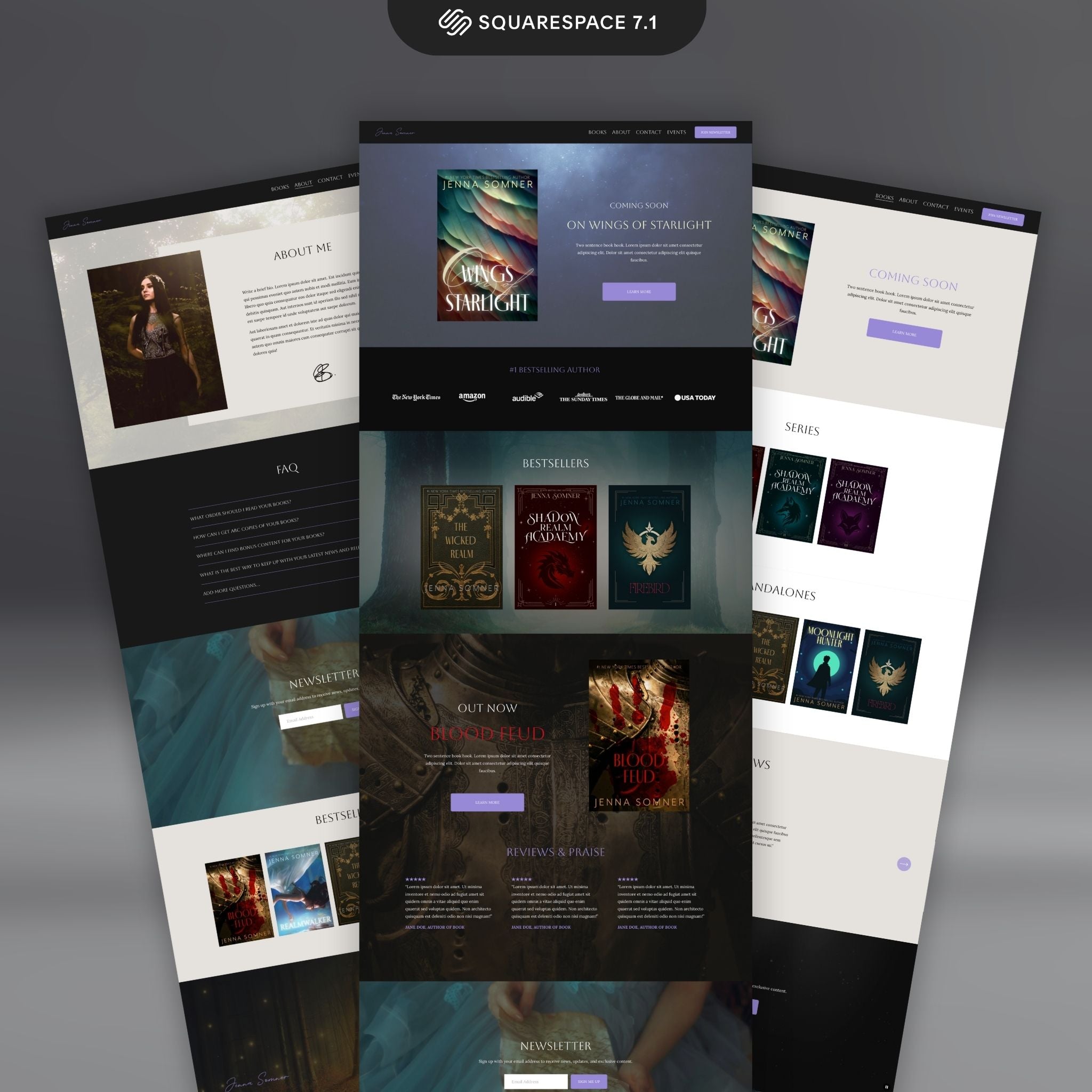 Collage of Lavenza Squarespace website template pages on a dark background.