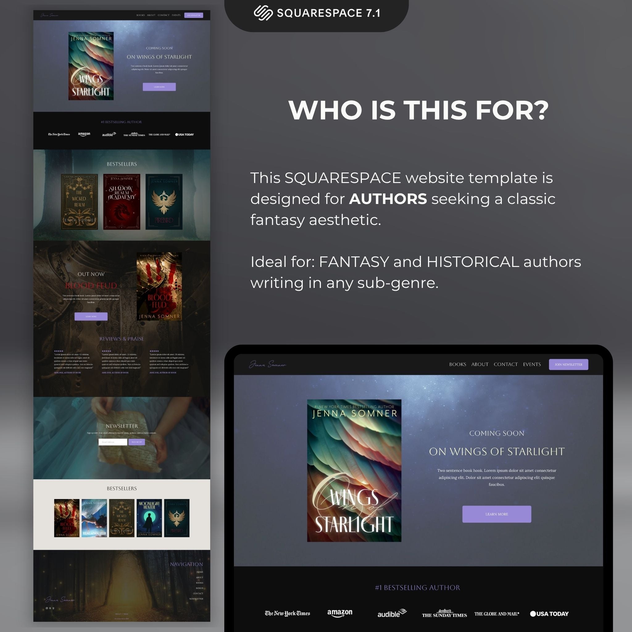Lavenza Squarespace website template for authors, ideal for fantasy and historical genres.