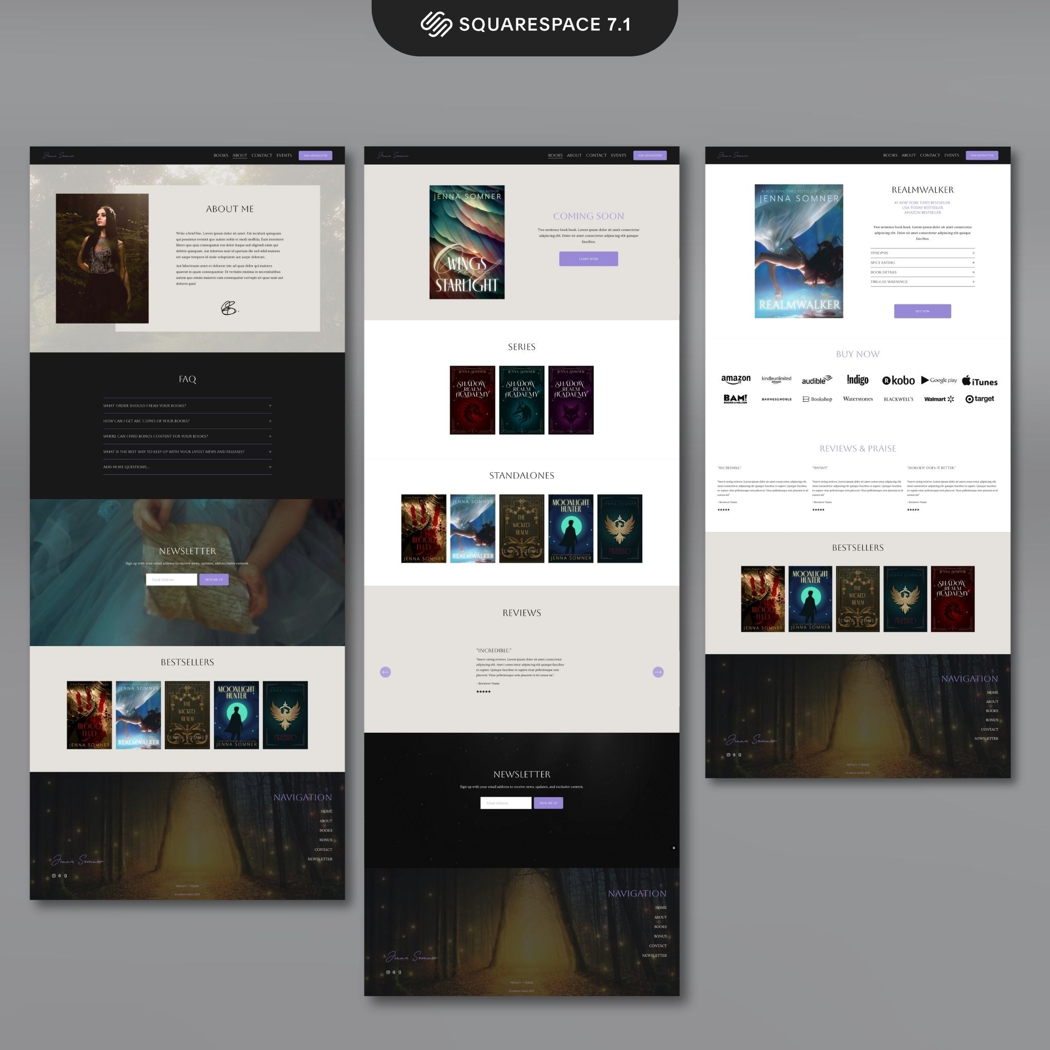 Lavenza Squarespace author website template pages displayed against grey background.