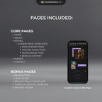 Lavenza Squarespace author website template core and bonus pages listed on a dark background.