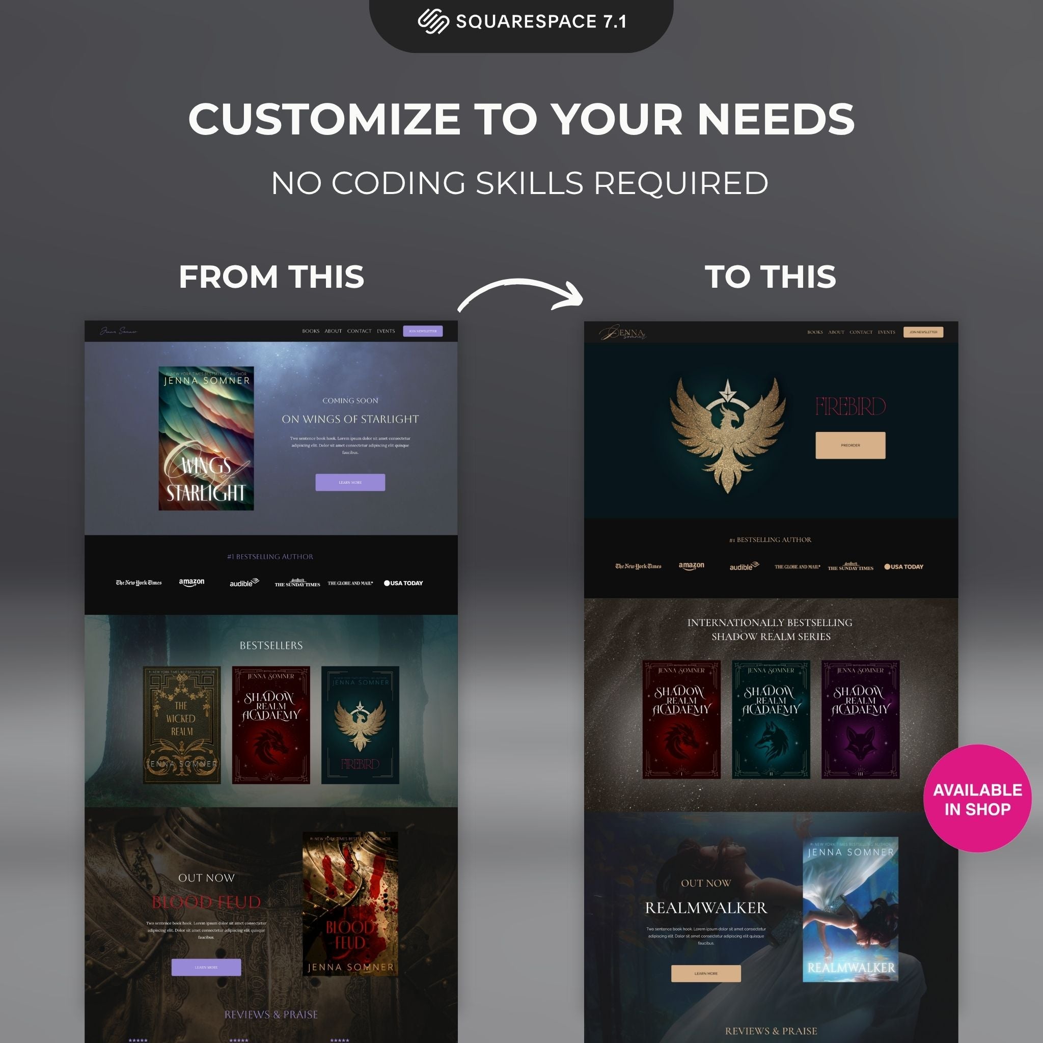 Lavenza Squarespace author website template before and after design customization comparison on a dark background.