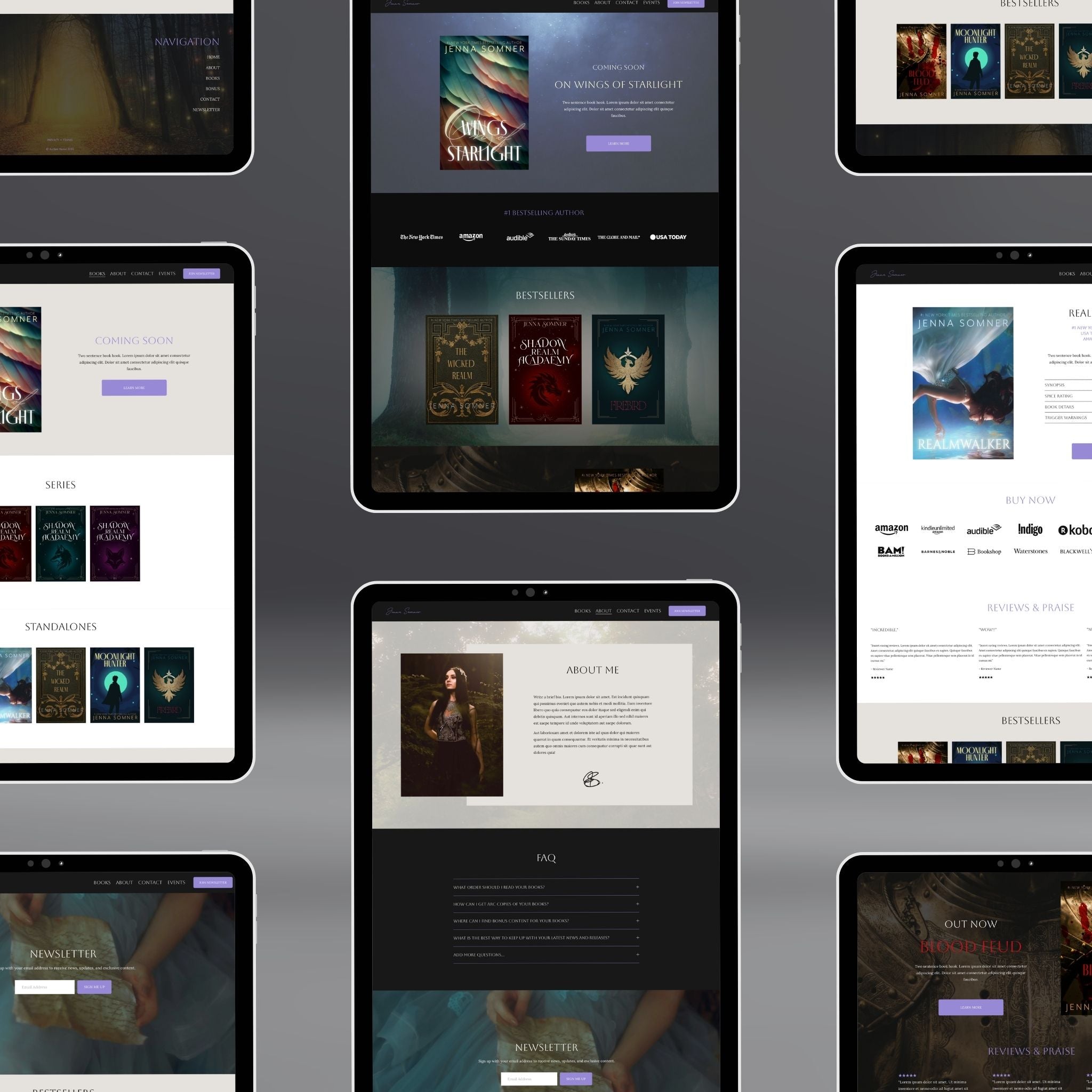 Multiple tablet screens displaying various Lavenza websites template pages.