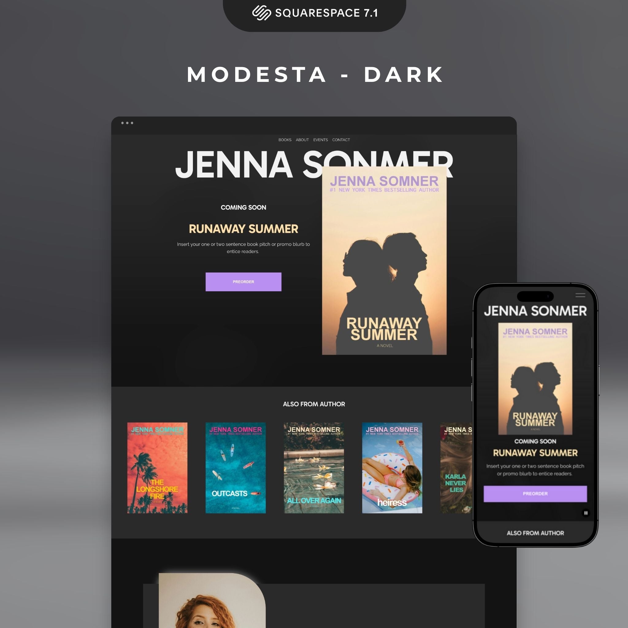 Modesta Dark - Contemporary Squarespace author website template.
