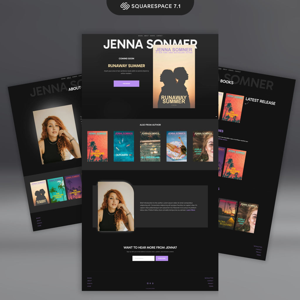 Modesta Dark Squarespace author website template three pages display.