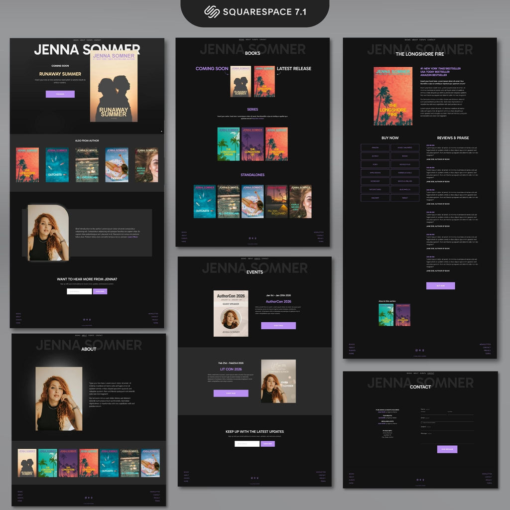 Modesta Dark Squarespace website template pages dispaly. 