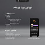 Modesta Dark Squarespace template core and bonus pages listed on a dark background.