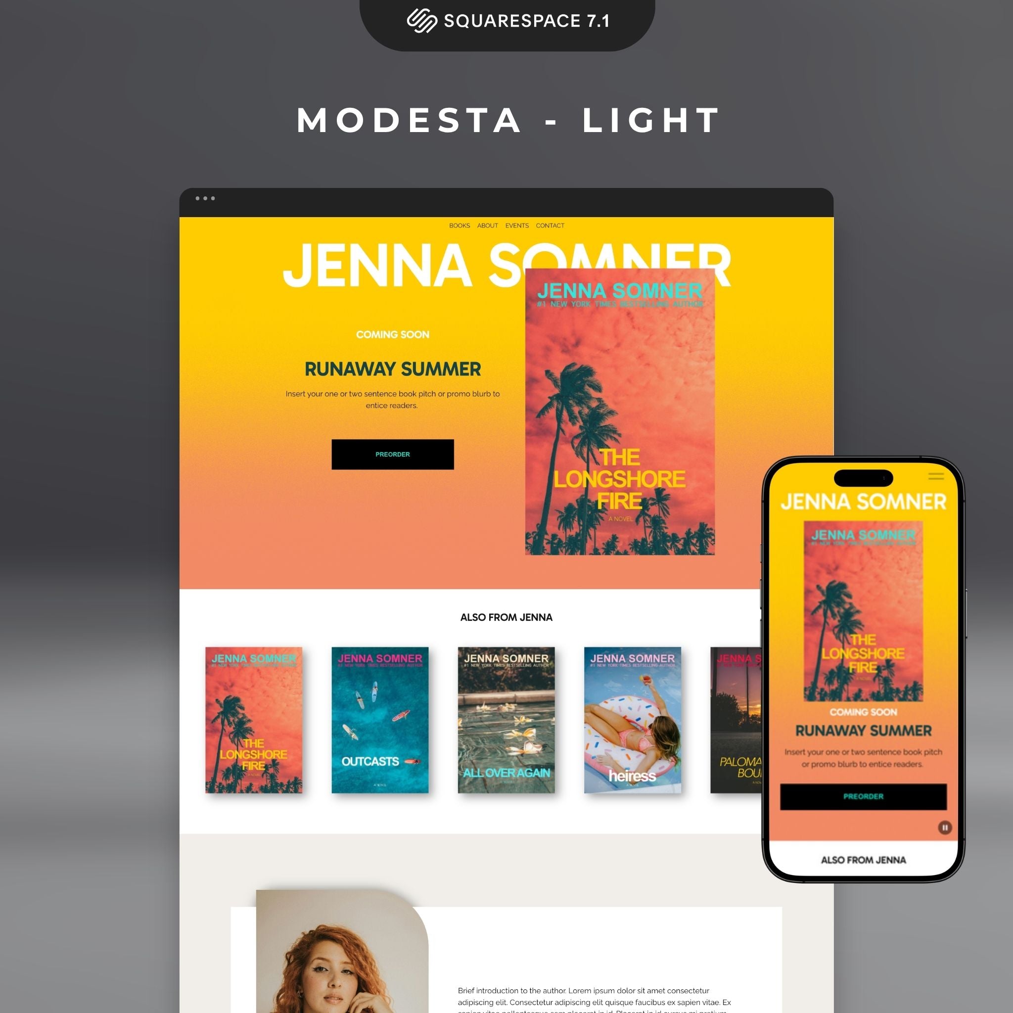 Modesta Light author website template design on a computer screen with a smartphone displaying the same design.