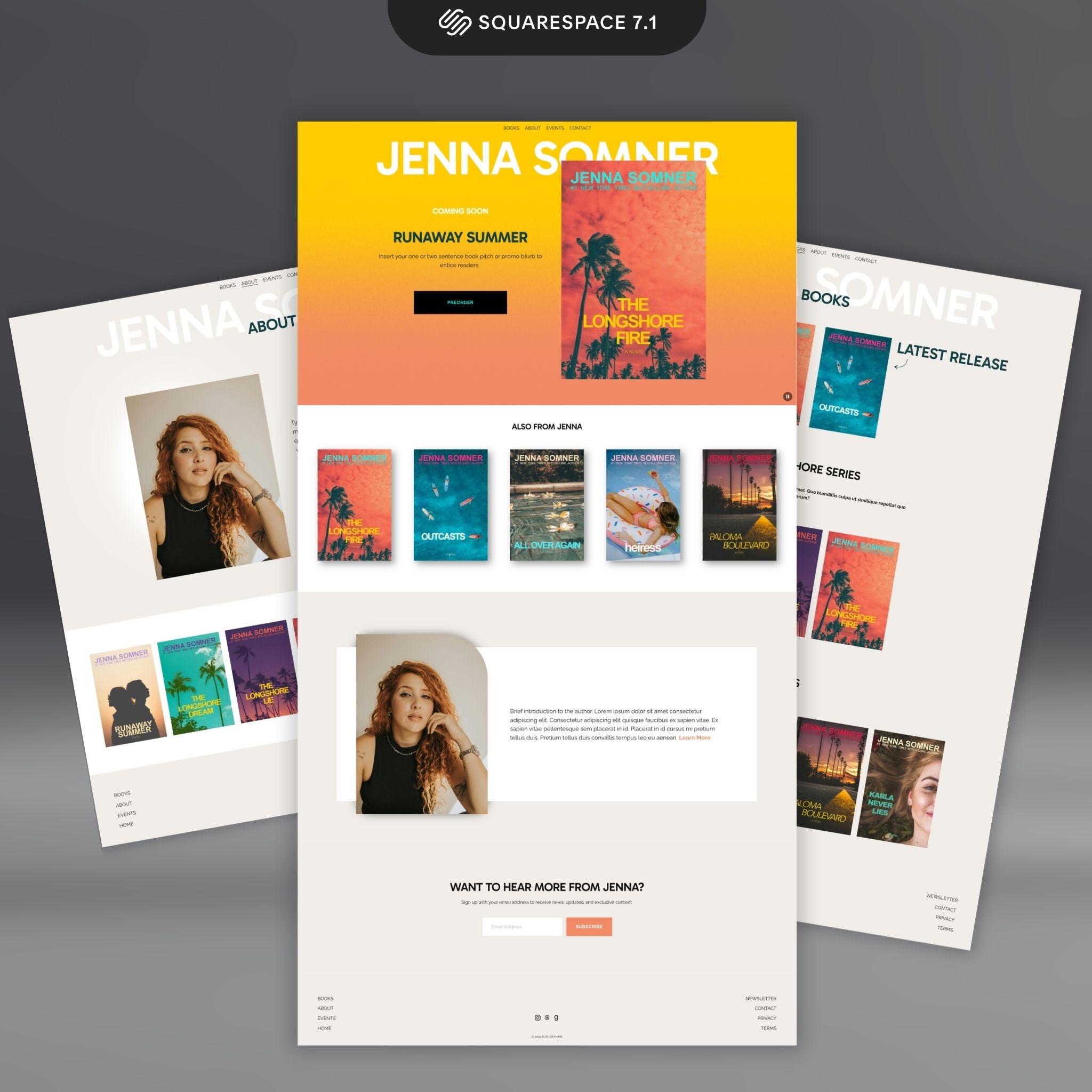 Collage of Modesta Light Squarespace website template pages on a dark background.