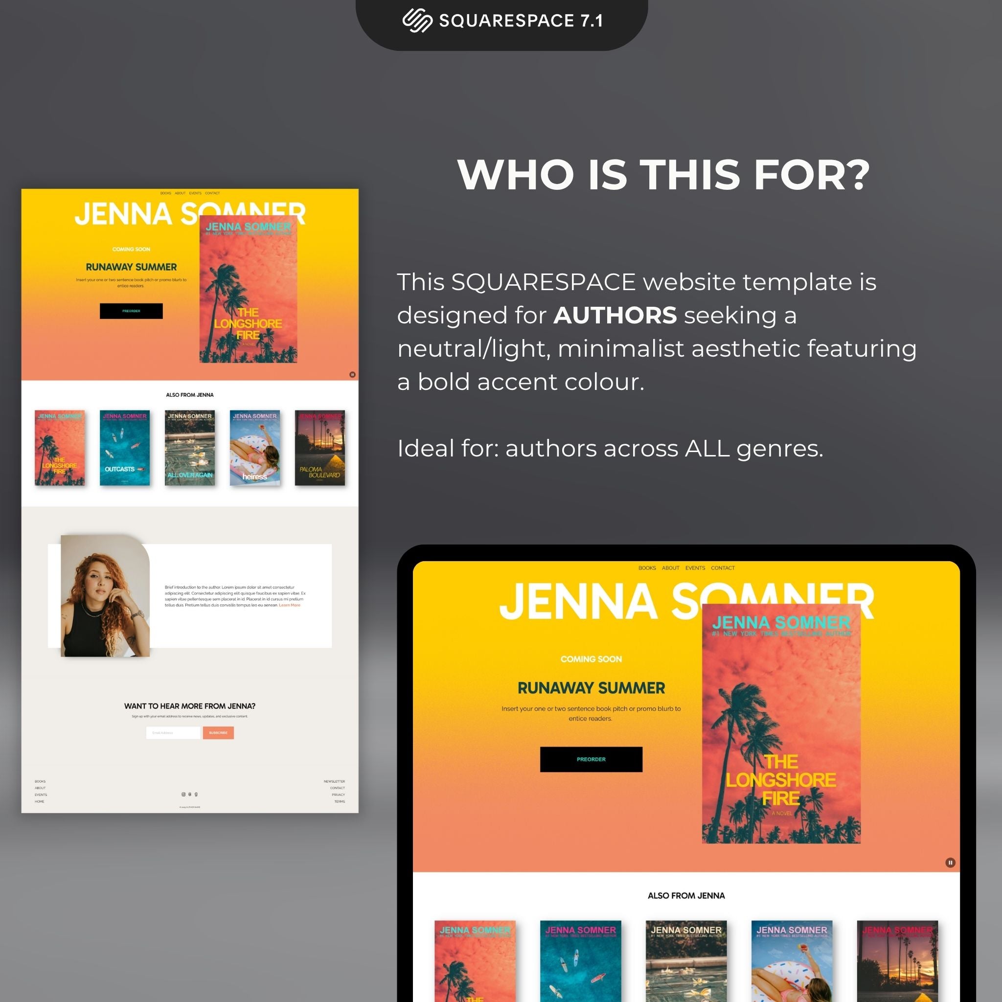 Modesta Light Squarespace website template for authors with a dark, minimalist design. Ideal for all genres.