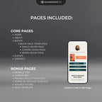 Modesta Light Squarespace template core and bonus pages listed on a dark background.