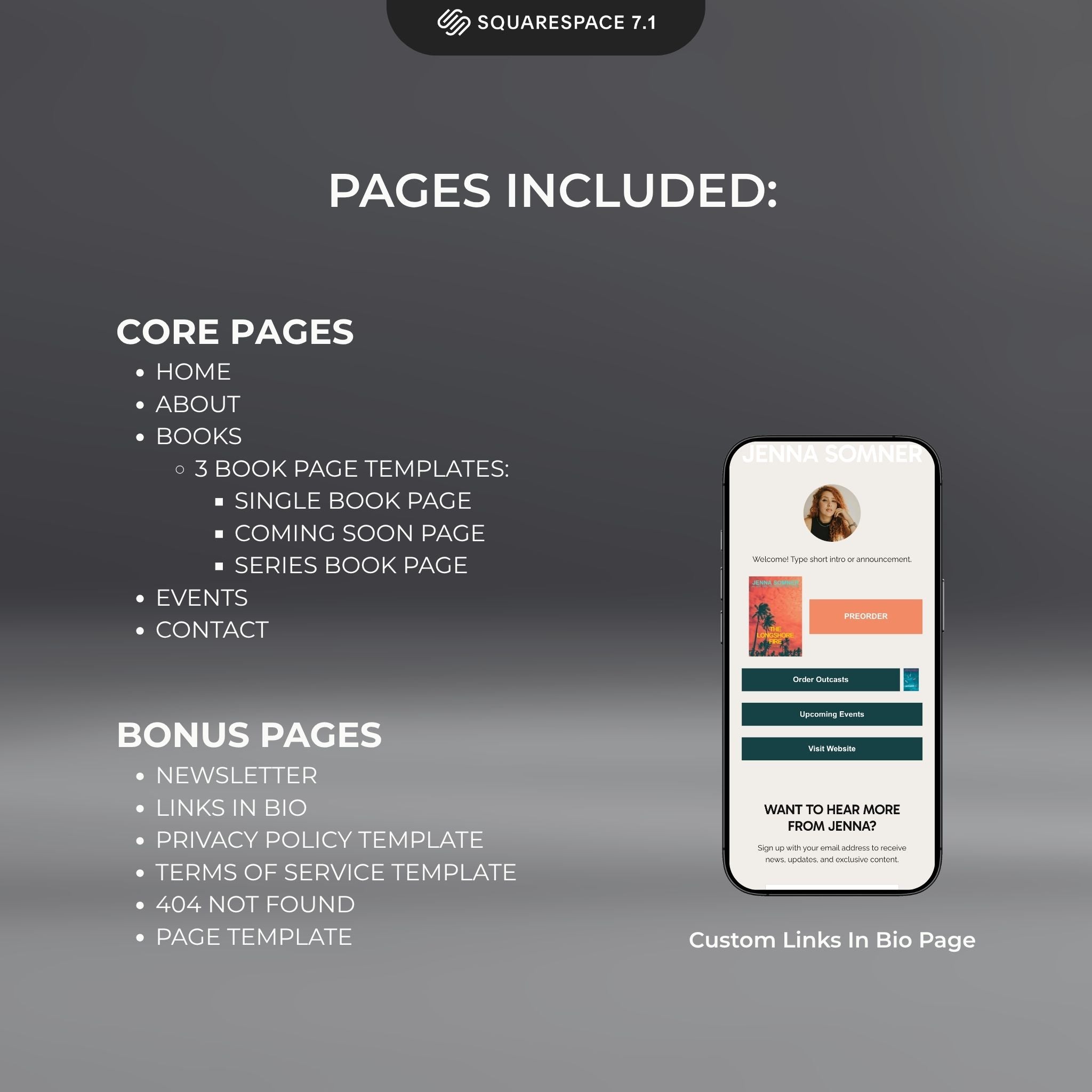 Modesta Light Squarespace template core and bonus pages listed on a dark background.