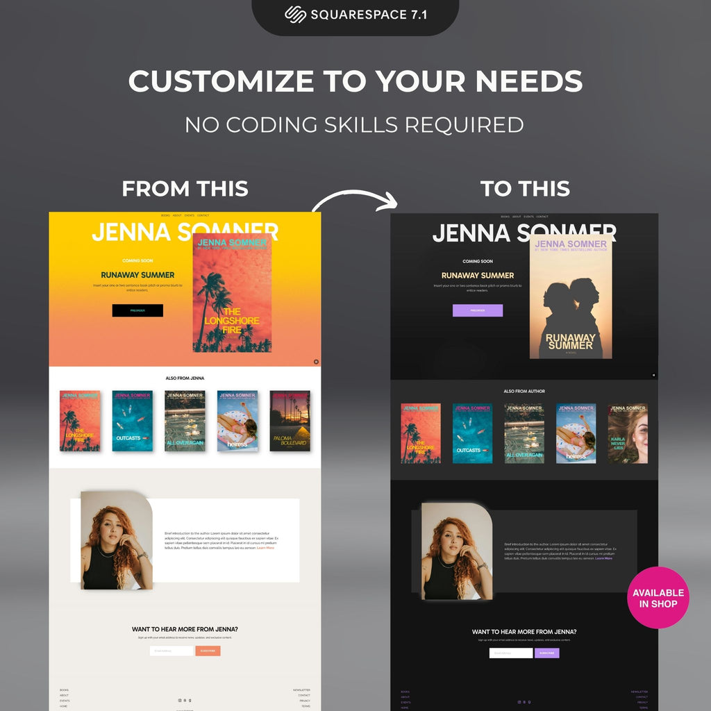 Modesta Light Squarespace author website template customization before and after.