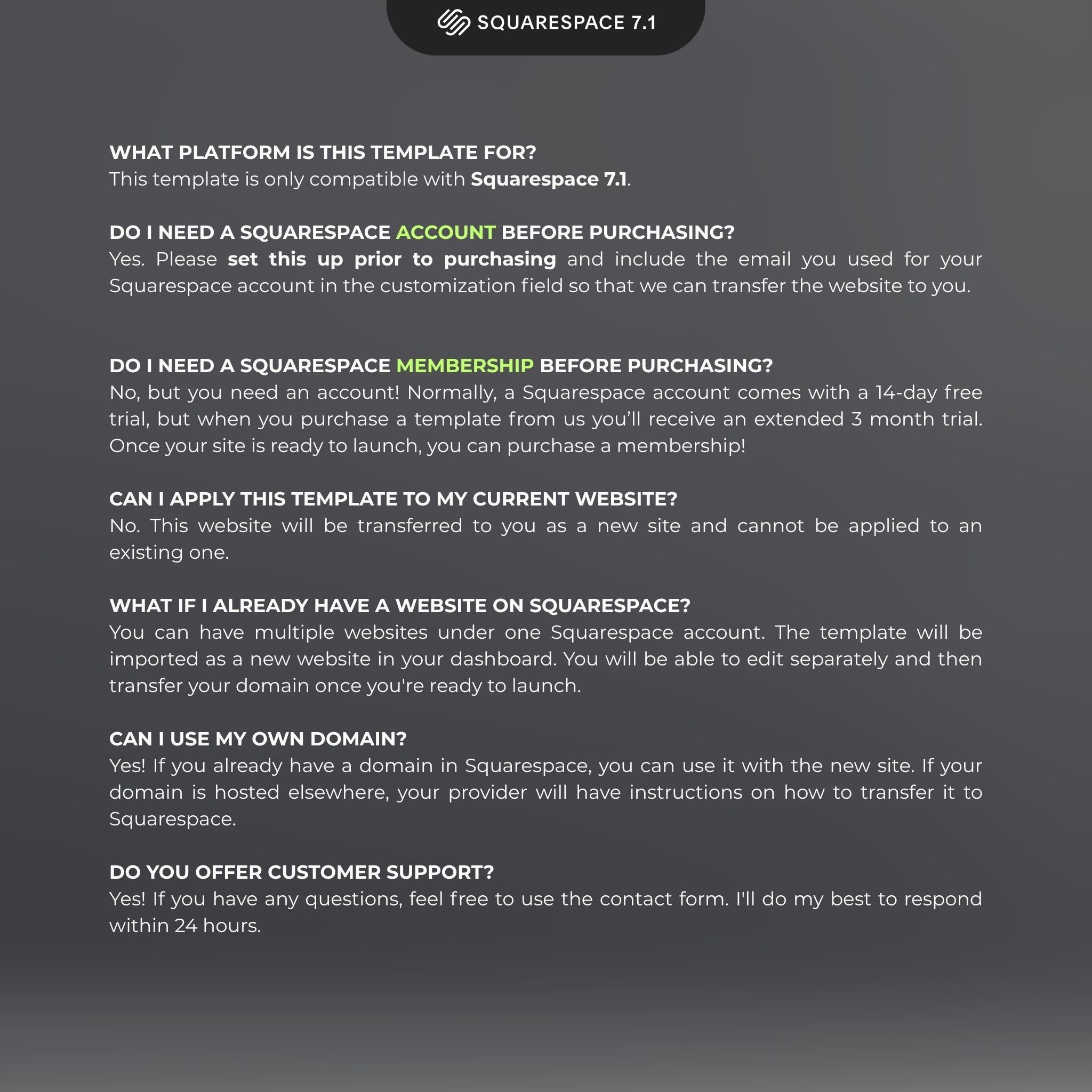 Squarespace 7.1 compatibility information on a dark background.