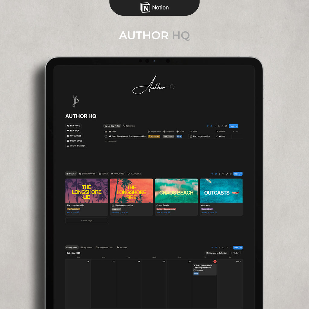 Digital interface of Author HQ, a notion template for authors, on a tablet with Notion logo at the top.