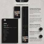 Notion character profile template with various details and a Moodboard on a gray background.