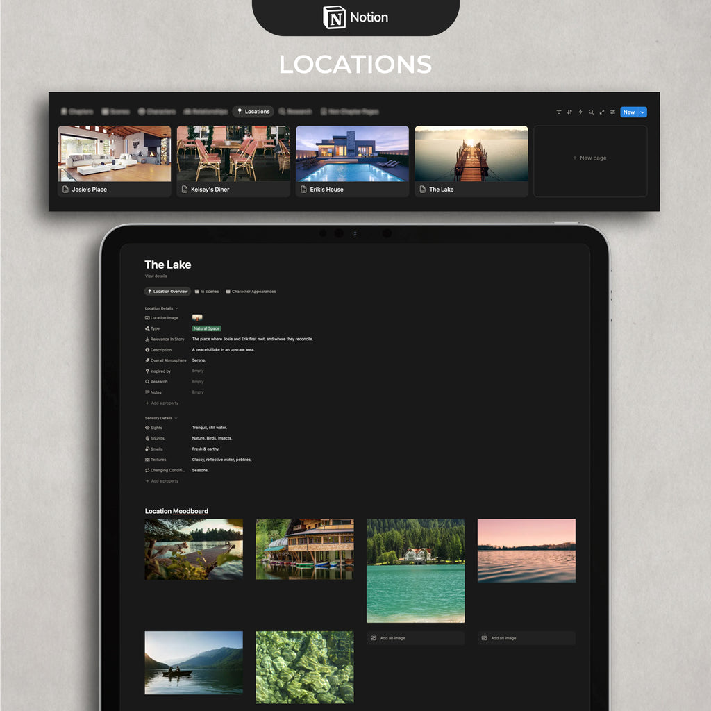 Notion author template interface with 'Locations' section on a tablet device.