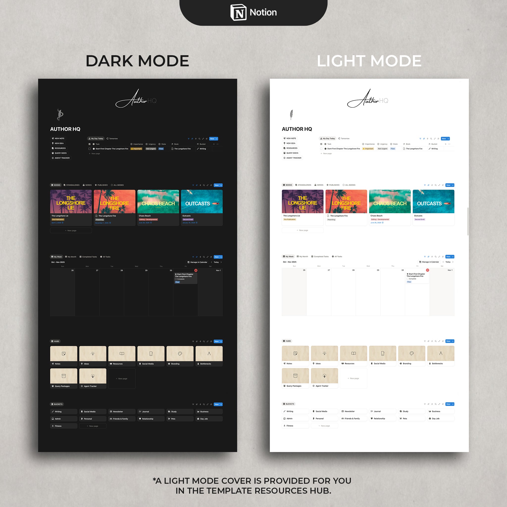Comparison of Notion author tempalte interface in dark and light mode on a gray background.