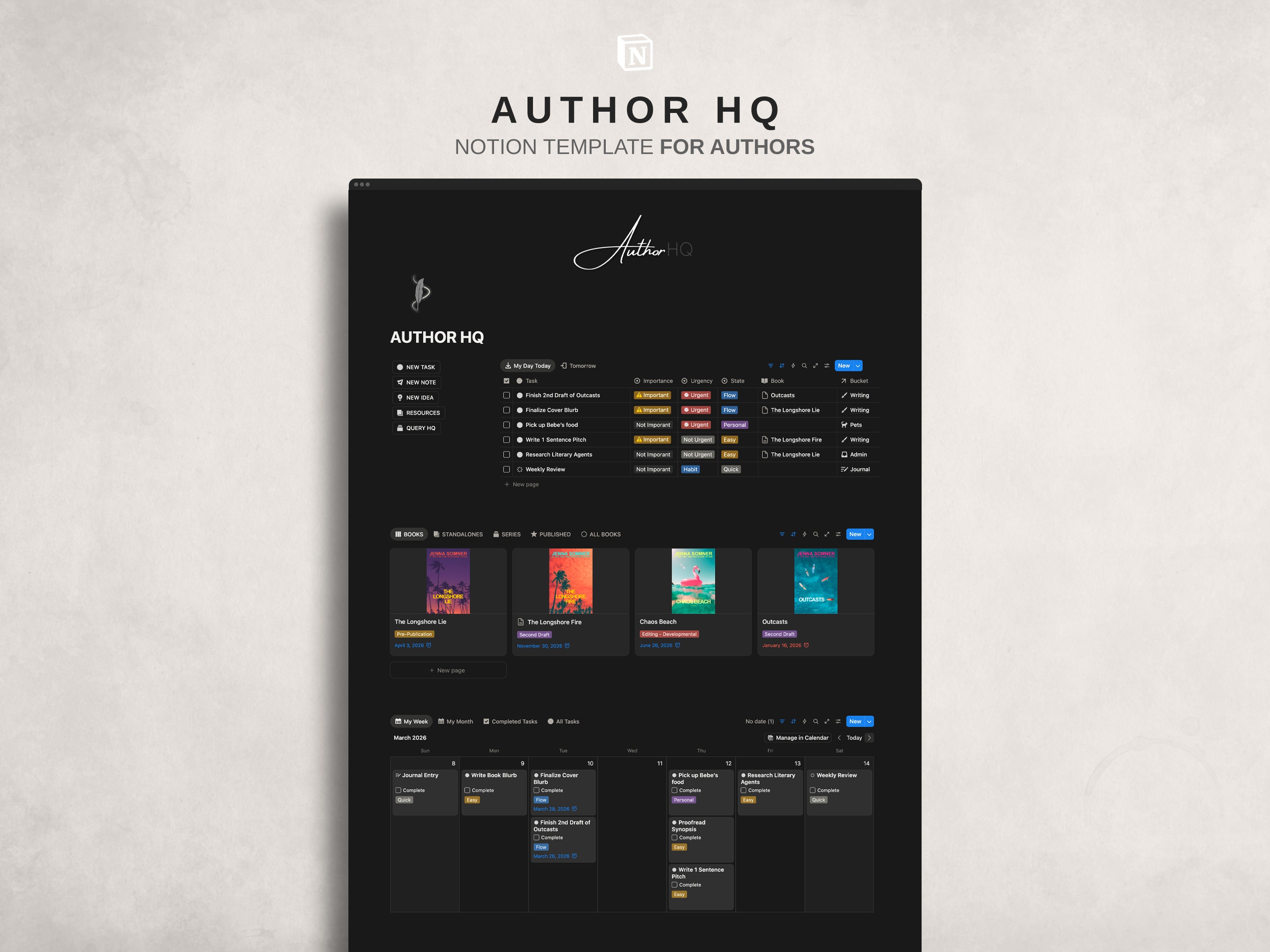 Notion template for authors with 'Author HQ' branding on a light gray background
