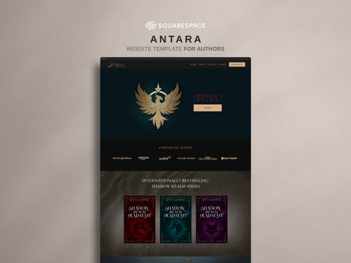 Antara author Squarespace website template home page against neutral background.