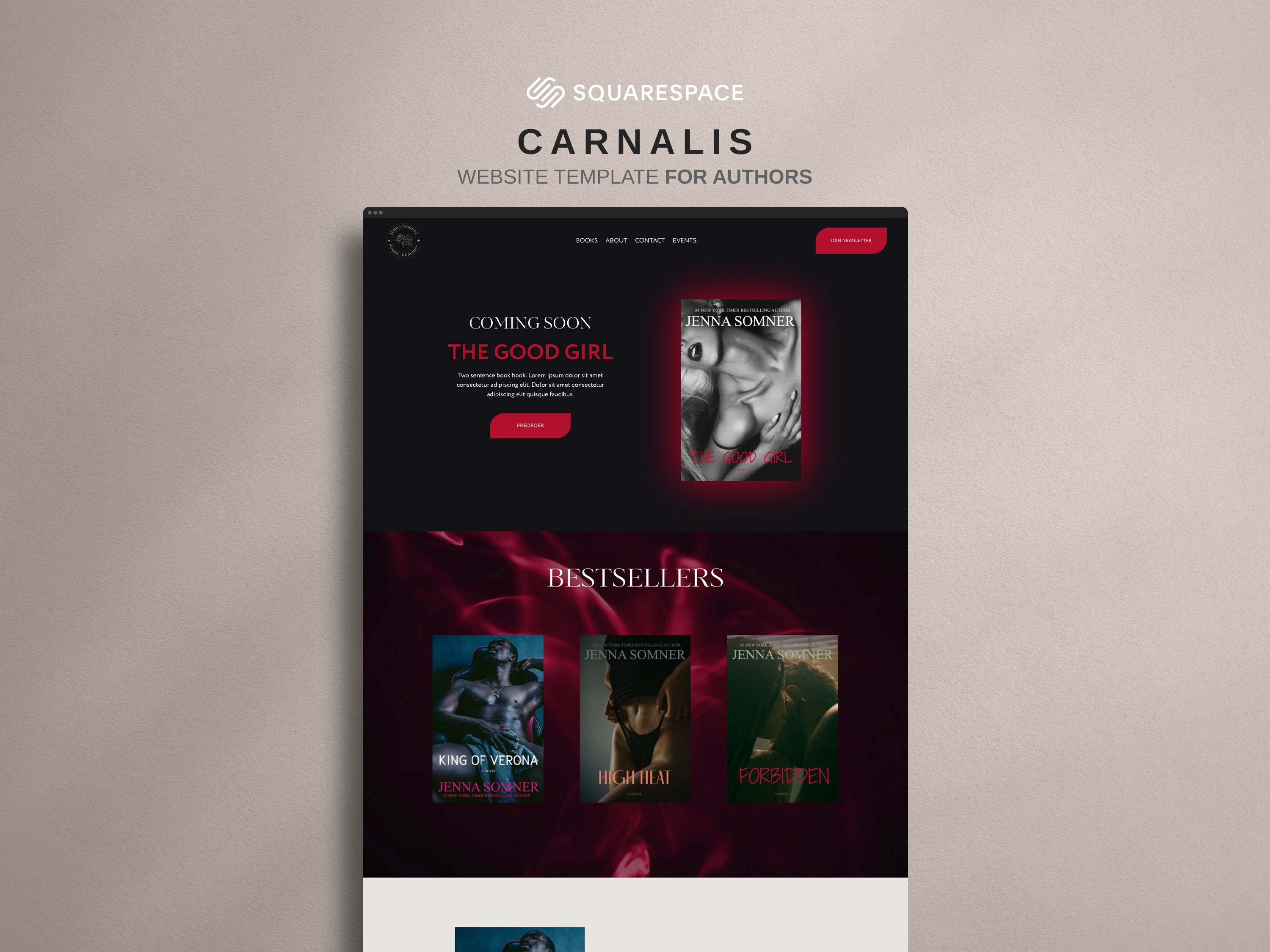 Carnalis author Squarespace website template home page against neutral background.