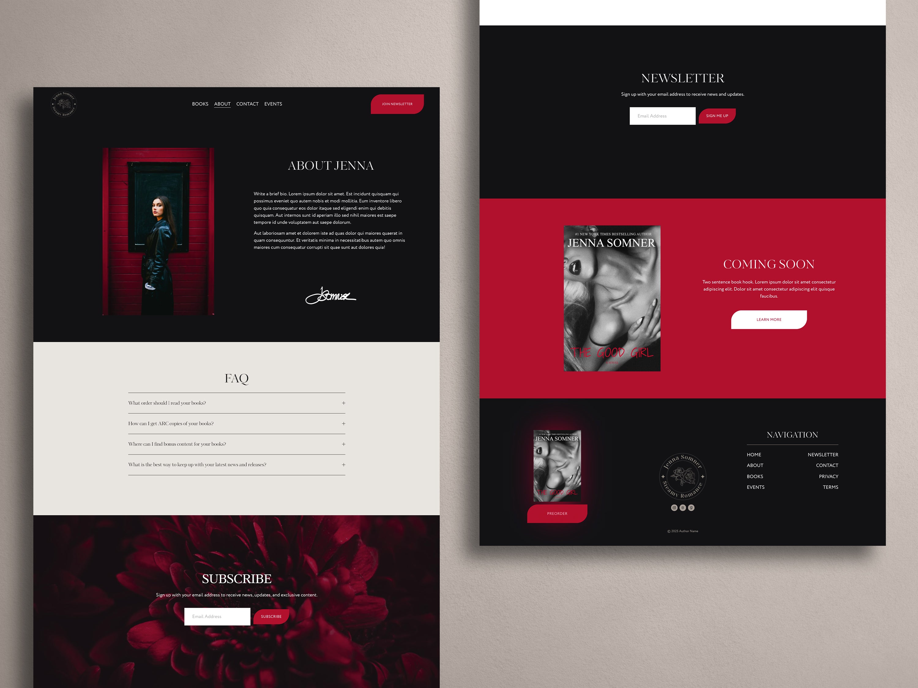 Carnalis Squarespace website template for Romance authors with a dark aesthetic and classic red accents.