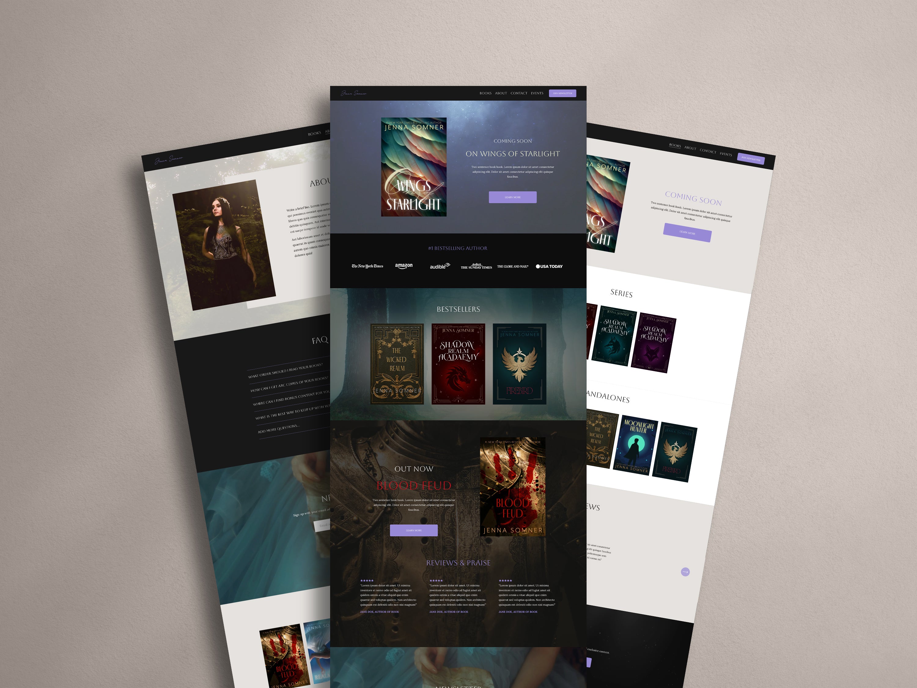 Collage of Lavenza Squarespace website template pages on a neutral background.