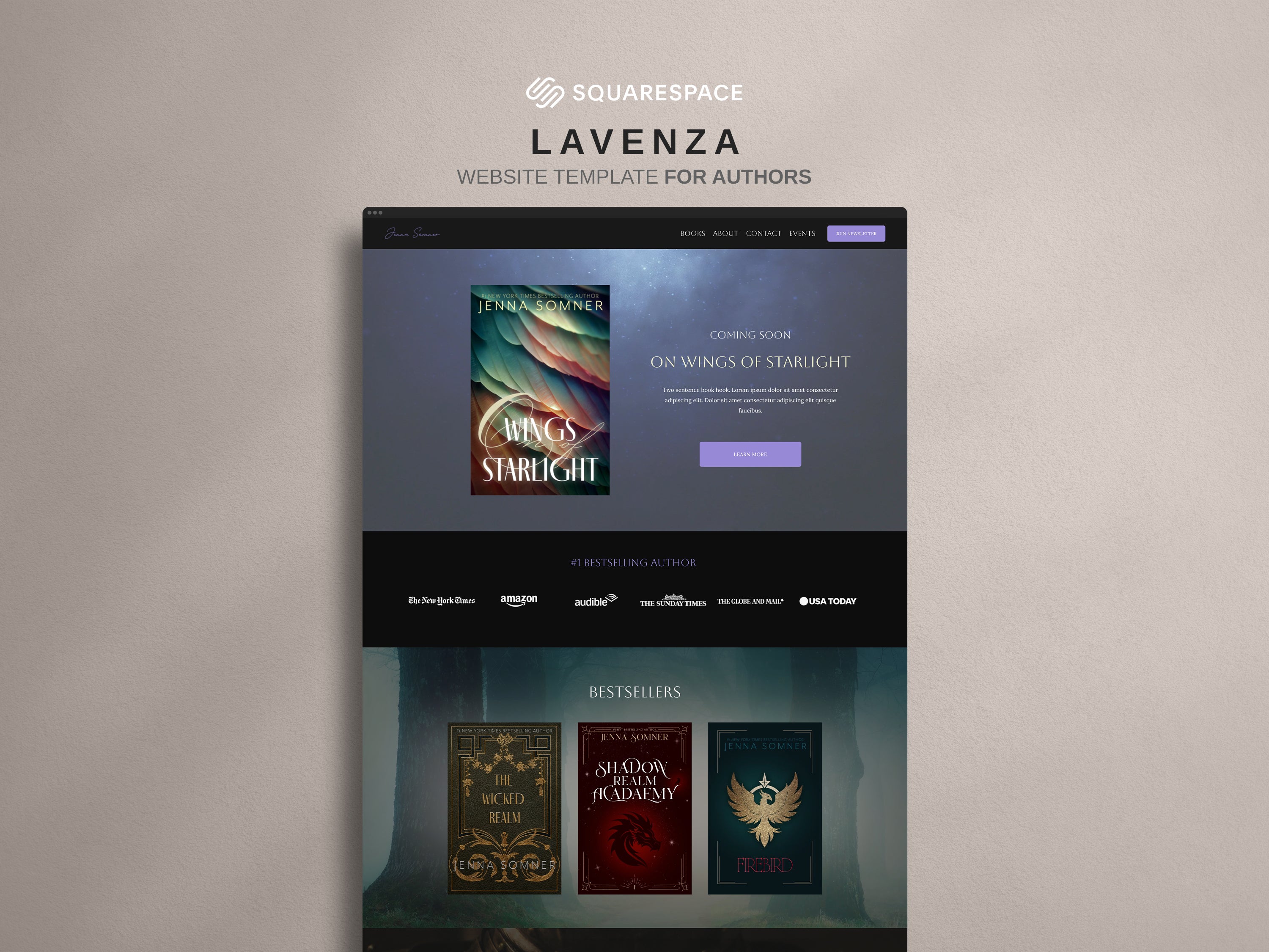 Lavenza author Squarespace website template home page against neutral background.