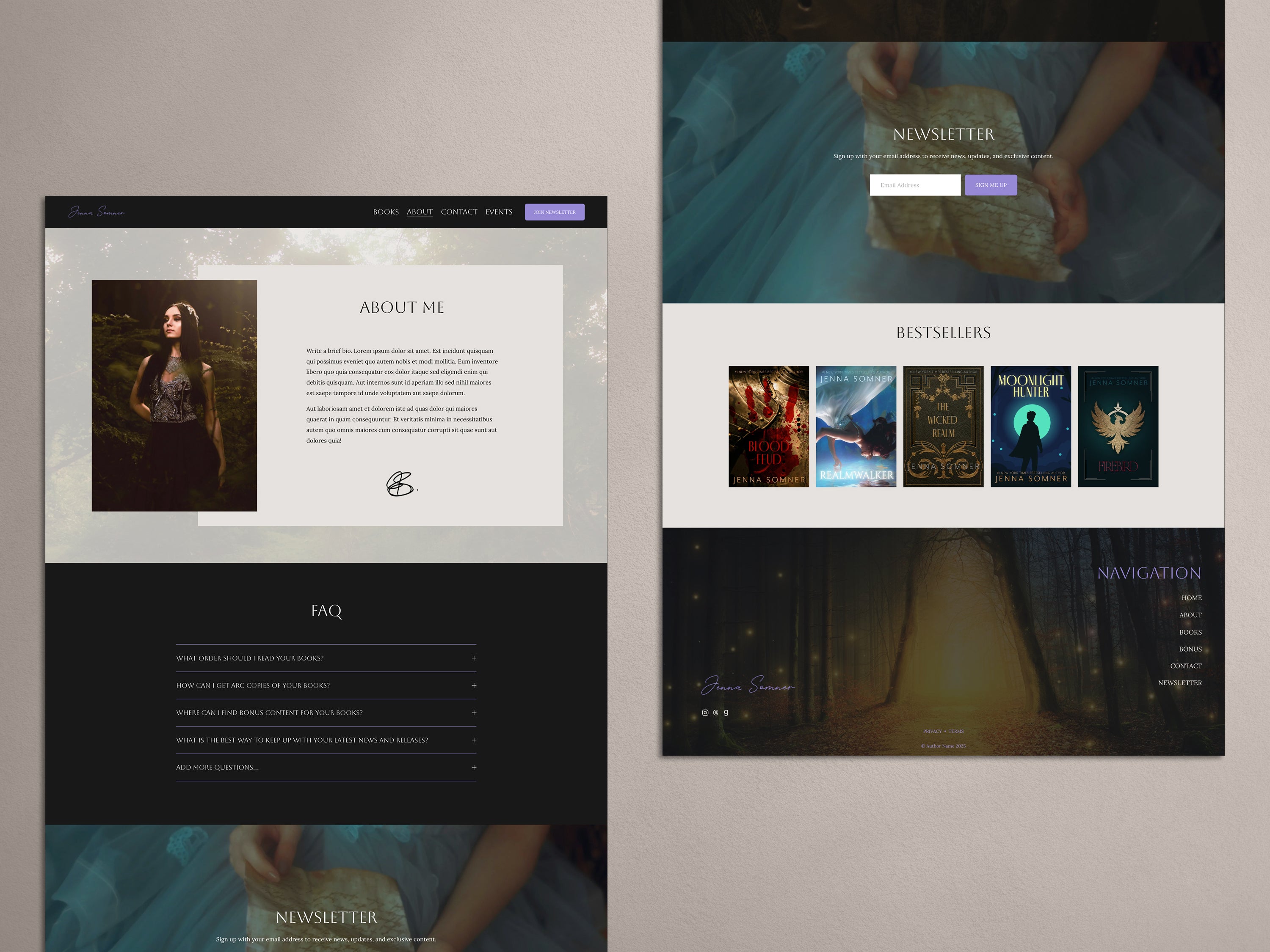 Fantasy Squarespace website template for fantasy and romantasy authors with balanaced light and dark aesthetic and purple accents.