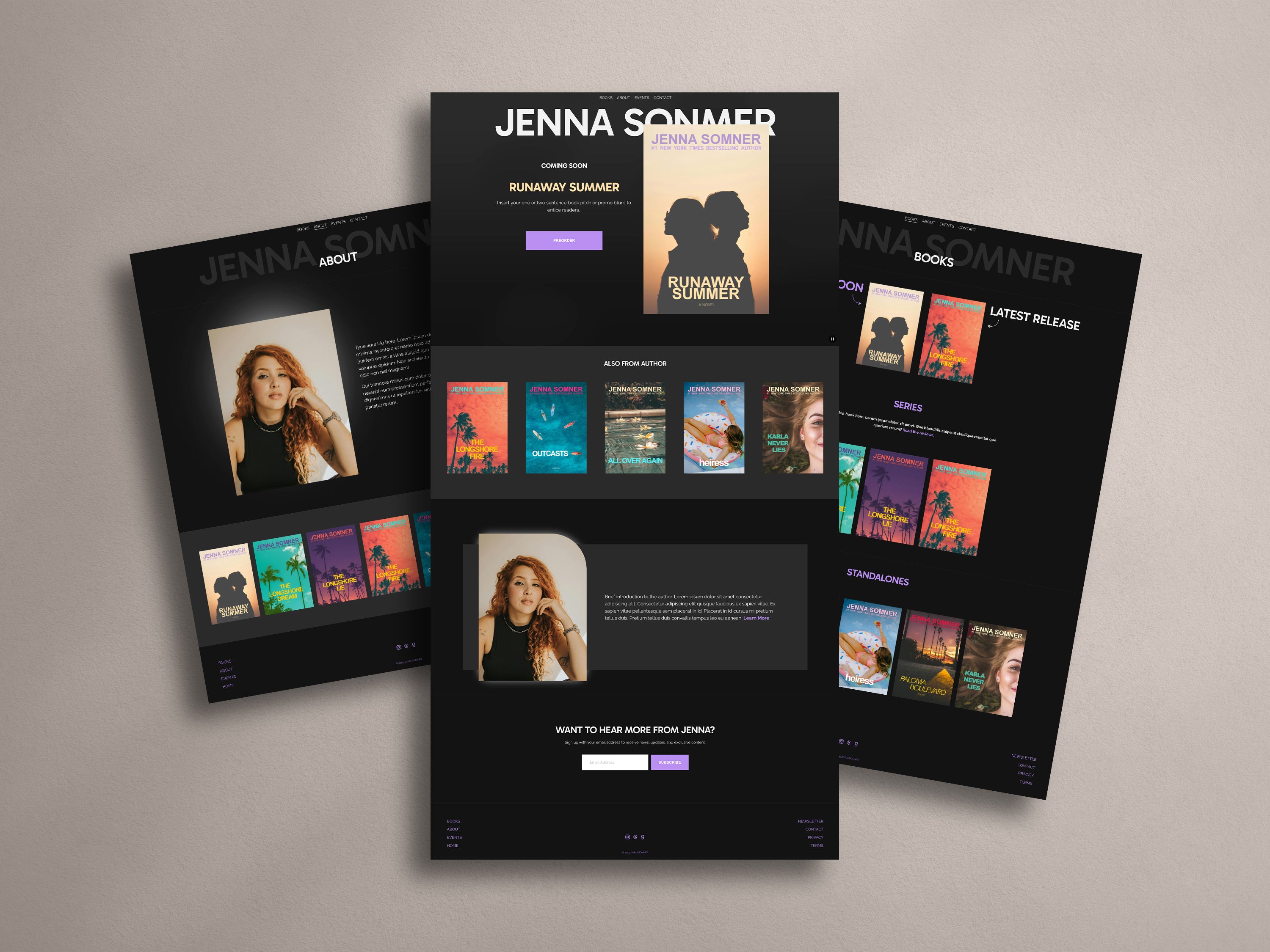 Collage of Modesta Dark Squarespace website template pages on a neutral background.