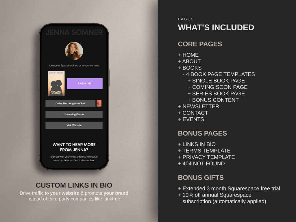 Modesta Dark author Squarespace website  template core and bonus pages listed on a neutral background.