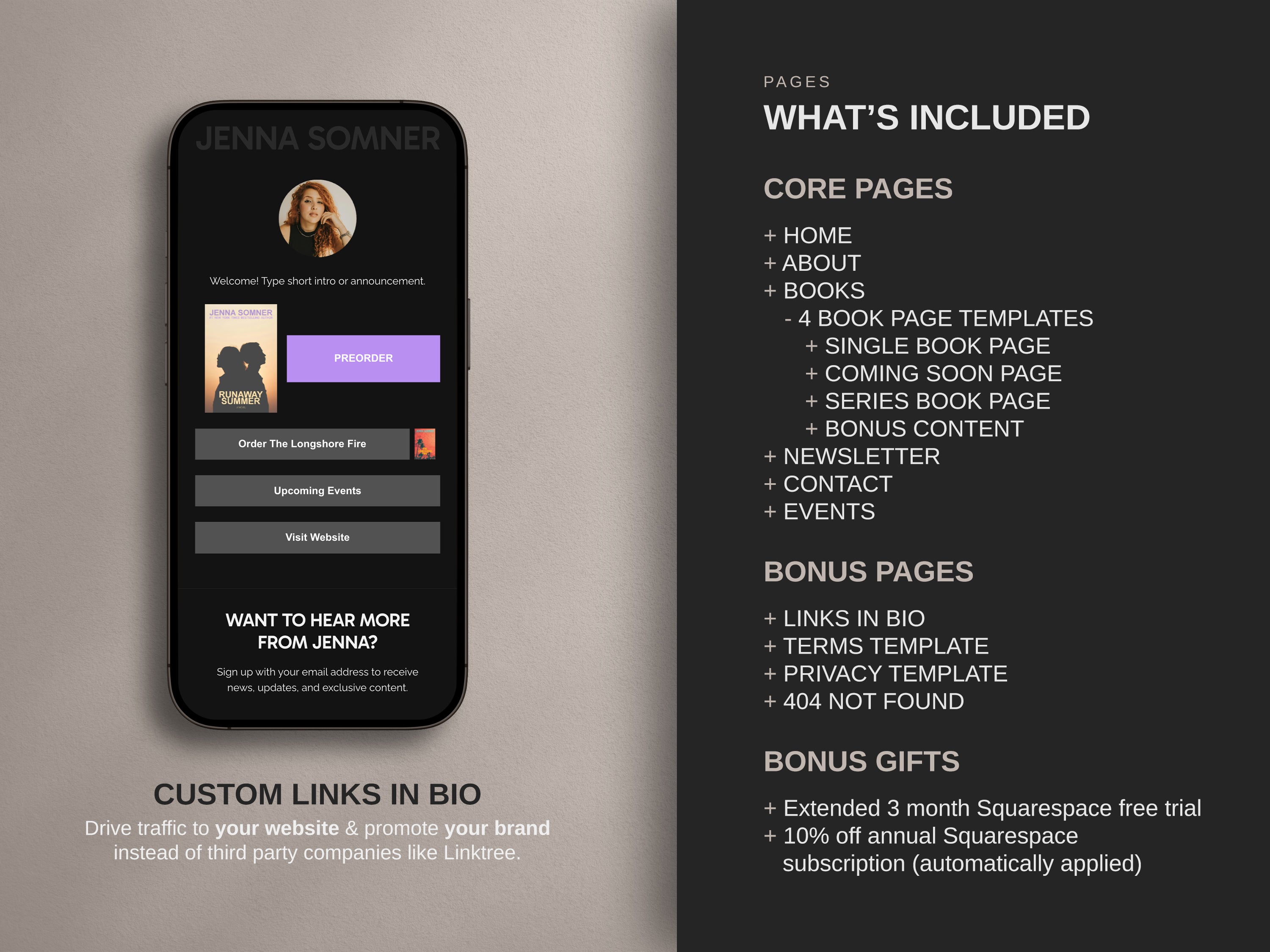 Modesta Dark author Squarespace website  template core and bonus pages listed on a neutral background.