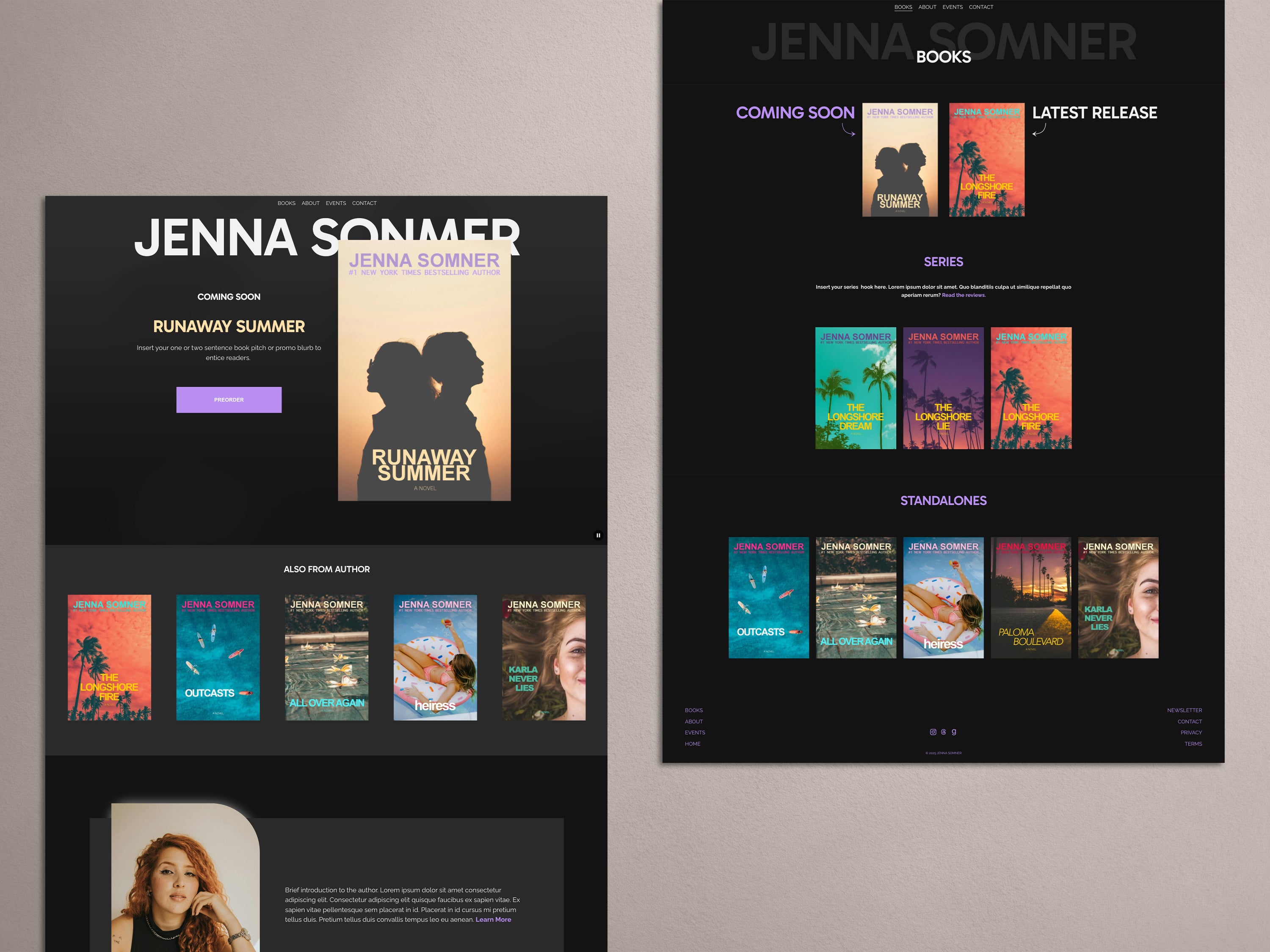 Dark themed Squarespace website template for Contemporary authors with dark aesthetic and purple accents.
